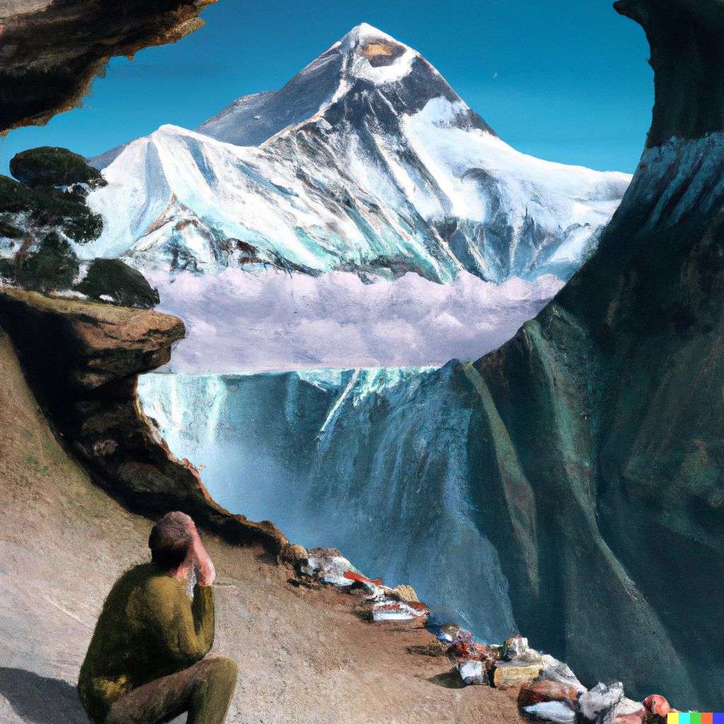 someone gazing at Mount Everest, by Jacek Yerka